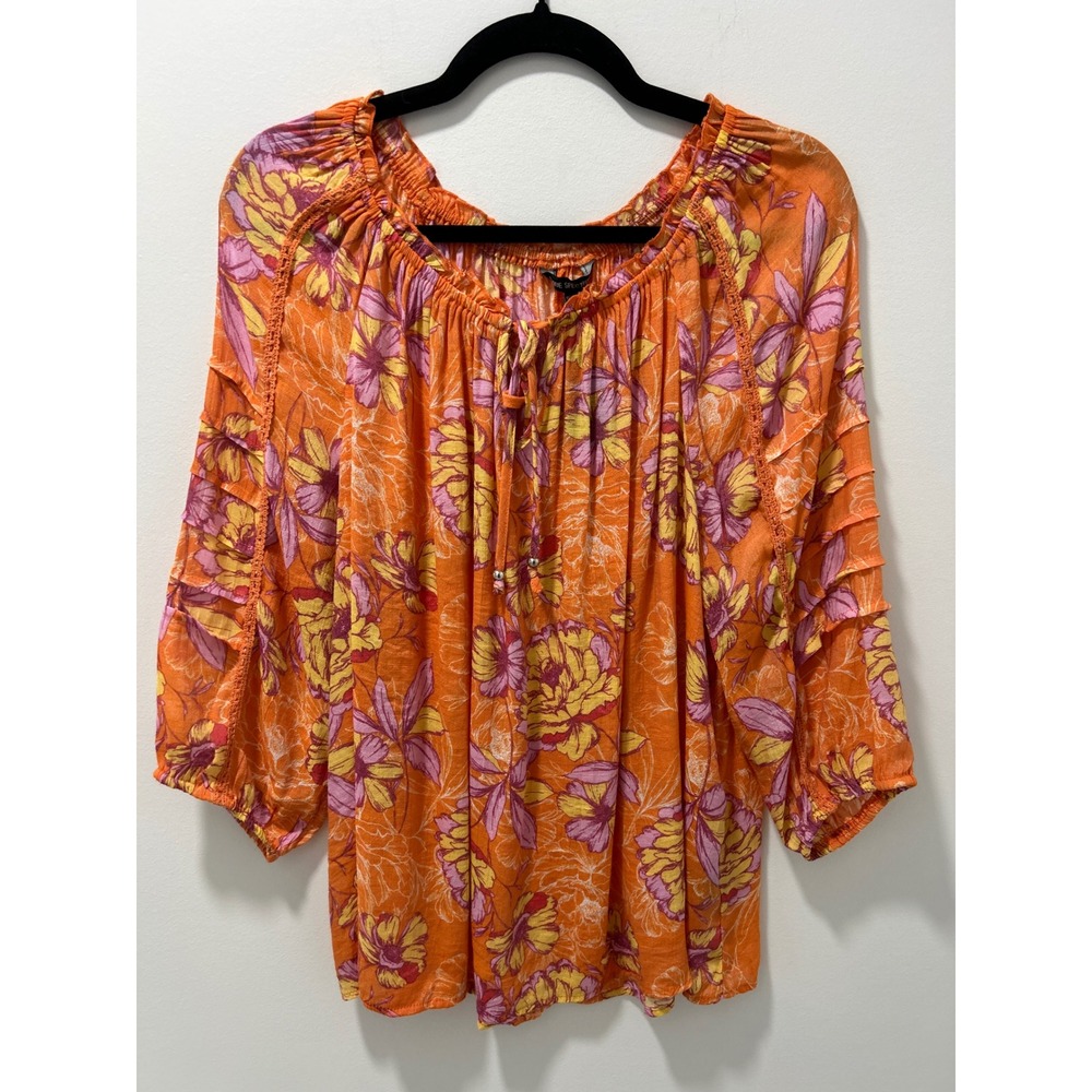 Unique Spectrum Orange Floral Ruffle Sleeve Peasant Blouse Large Boho Top
